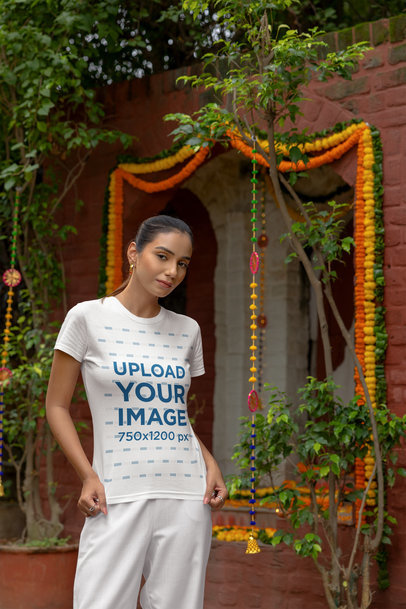 Gildan Round-Neck Tee Mockup Featuring a Smiling Woman Celebrating Diwali