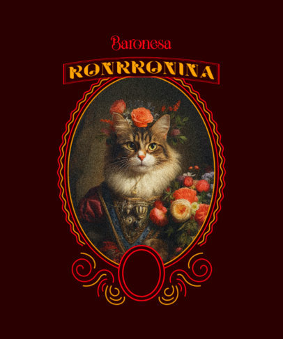 Illustrated T-Shirt Design Template Featuring a Classic Painting of a Cat with Flowers