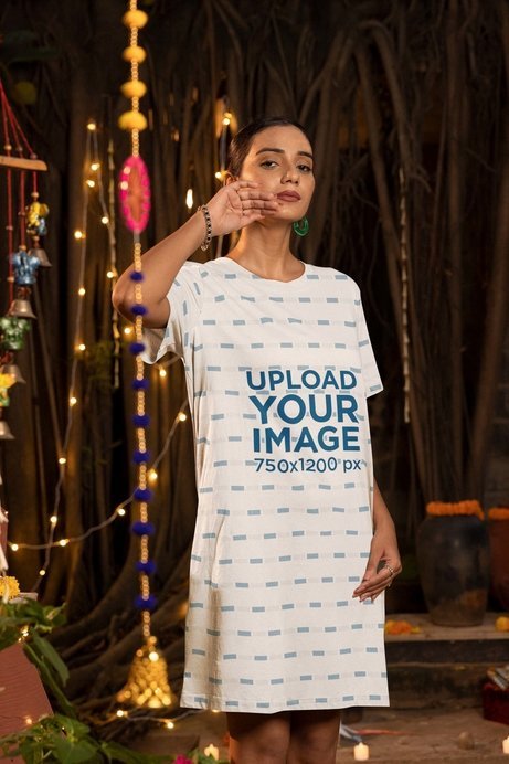 T-Shirt Dress Mockup Featuring a Serious Woman Celebtrating Diwali
