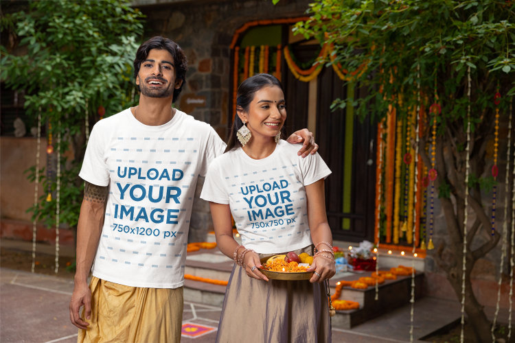 Gildan T-Shirt Mockup Featuring a Happy Man and Woman Getting Ready for Diwali