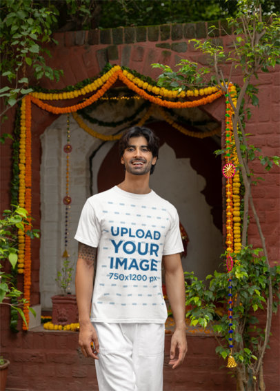 Gildan T-Shirt Mockup Featuring a Happy Tattooed Man Celebrating Diwali