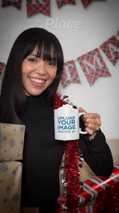 Coffee Mug Video of a Smiling Woman Celebrating Christmas