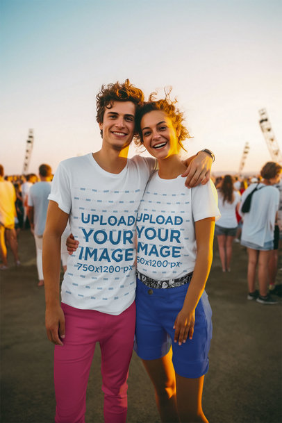 T-Shirt Mockup of a Happy AI-Generated Couple Posing in a Music Festival