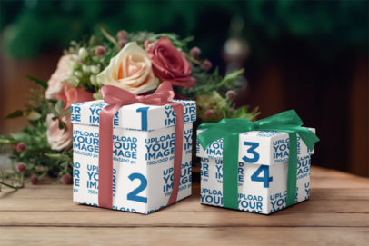 Wrapping Paper Mockup Featuring Two AI-Generated Gifts With a Bouquet