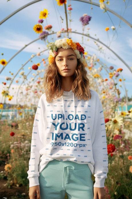 Pullover Hoodie Mockup of a Woman Generated by AI Wearing a Midsommar-Inspired Floral Crown 