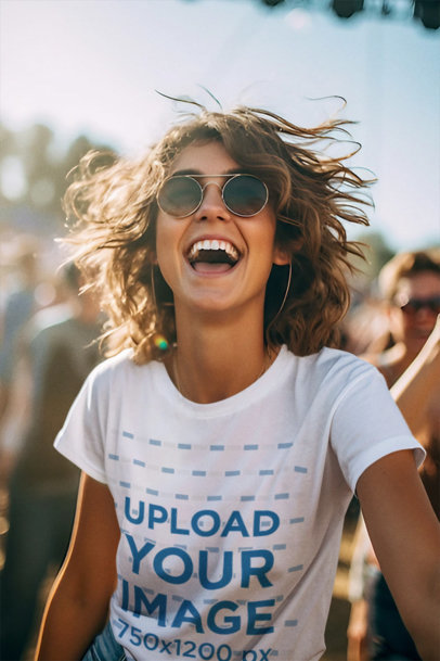 Round-Neck T-Shirt Mockup of an Excited AI-Generated Woman Enjoying a Concert