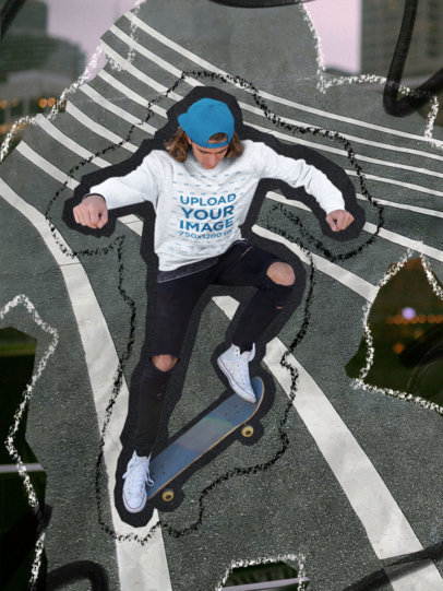 Collage-Themed Mockup of a Man Wearing a Heathered Sweatshirt While Skating 5991a-m18167