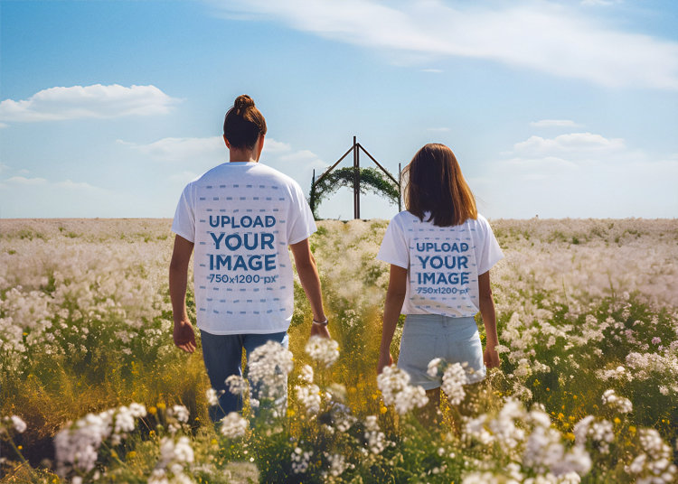 T-Shirt Mockup Featuring an AI-Generated Couple in a Flower Field Inspired by Midsommar