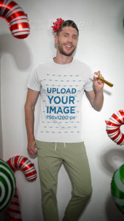 Christmas-Themed Video Featuring a Man Wearing a Gildan T-Shirt