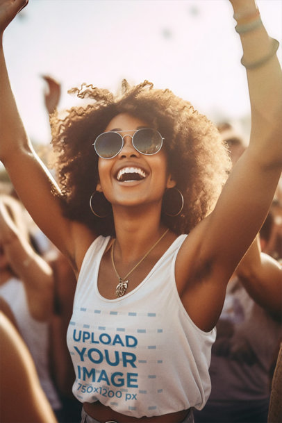 Tank Top Mockup Featuring a Happy AI-Generated Woman Having Fun in a Music Concert
