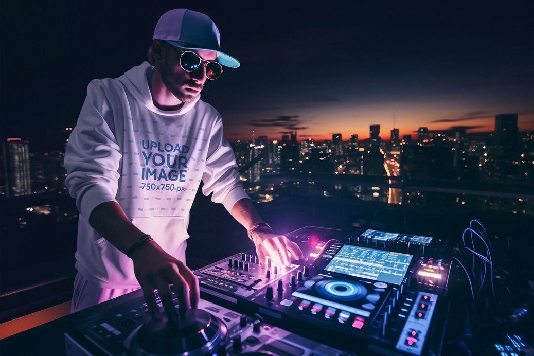Pullover Hoodie Mockup Featuring an AI-Generated Man DJ on a Building Rooftop