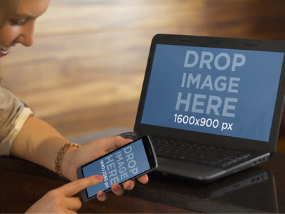 HP Laptop And LG G3 Mockup Generator of Woman Multitasking