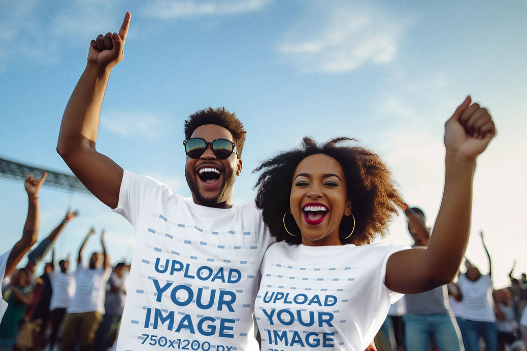T-Shirt Mockup Featuring an AI-Generated Cheerful Couple Enjoying a Music Festival