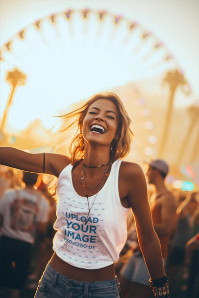 Crop Top Mockup Featuring an Excited AI-Generated Woman Dancing in a Concert