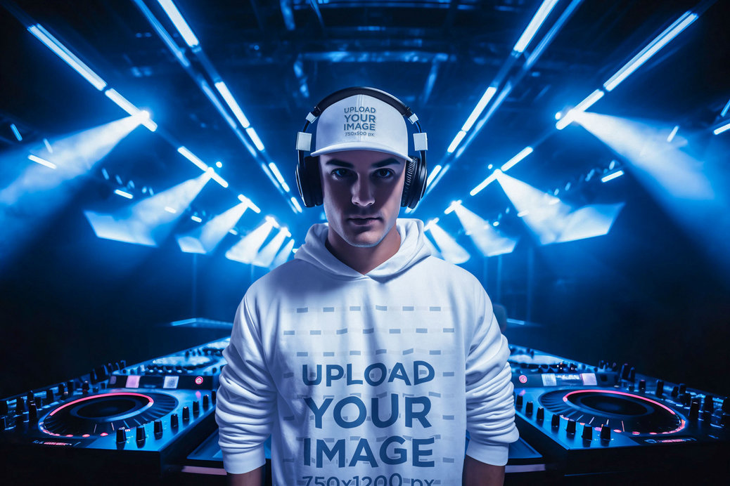 Dad Hat and Pullover Hoodie Mockup of an AI-Generated DJ Man Posing in a Club