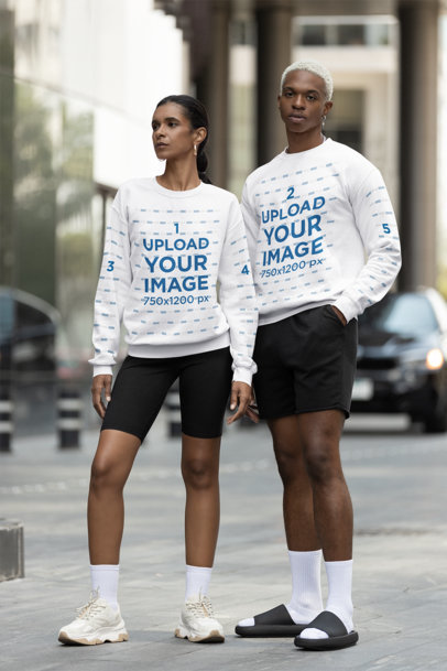 Gildan Sweatshirt Mockup of a Man and a Woman Wearing Athleisure Outfits