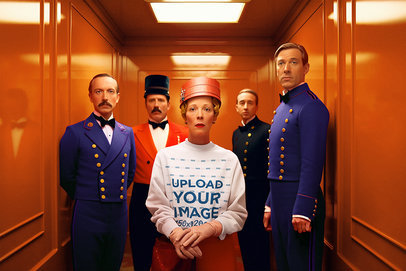 AI-Generated Sweatshirt Mockup of a Classy Woman in an Elevator with Hotel Bellhops