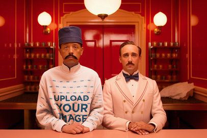 Wes Anderson-Inspired Sweatshirt Mockup of a Bellhop with a Mustache at a Hotel's Front Desk 