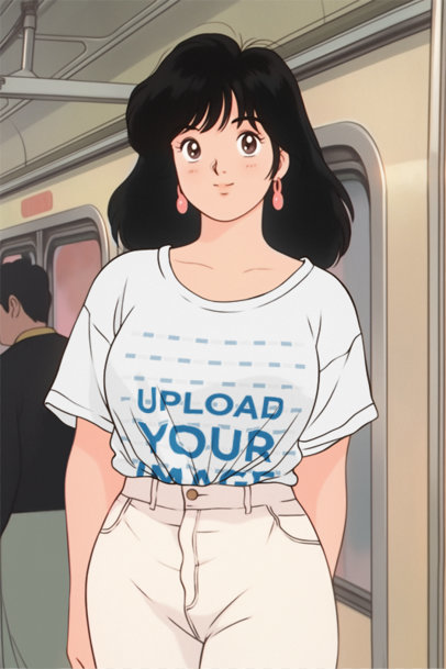 Round-Neck T-Shirt Mockup of an Anime Woman Posing in the Subway