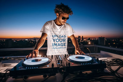Round-Neck T-Shirt Mockup Featuring an AI-Generated DJ Man Playing Music on a Rooftop
