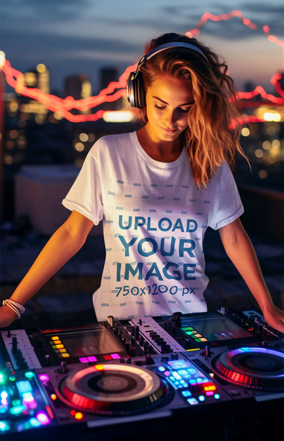 AI-Generated Mockup of a Female DJ Wearing a T-Shirt in the Booth m36387