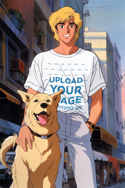 T-Shirt Mockup Featuring an Anime-Inspired Man Posing With His Dog