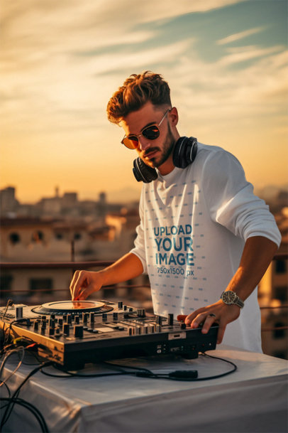 AI-Generated Long Sleeve T-Shirt Mockup of a DJ Playing at Sunset