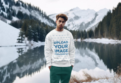 AI-Created Mockup of a Man Standing in Front of a Snow-Covered Mountain m36256
