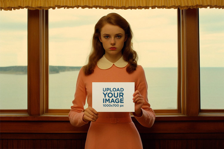 Mockup Featuring a Wes Anderson-Inspired Aesthetic of a Woman Holding a Flyer