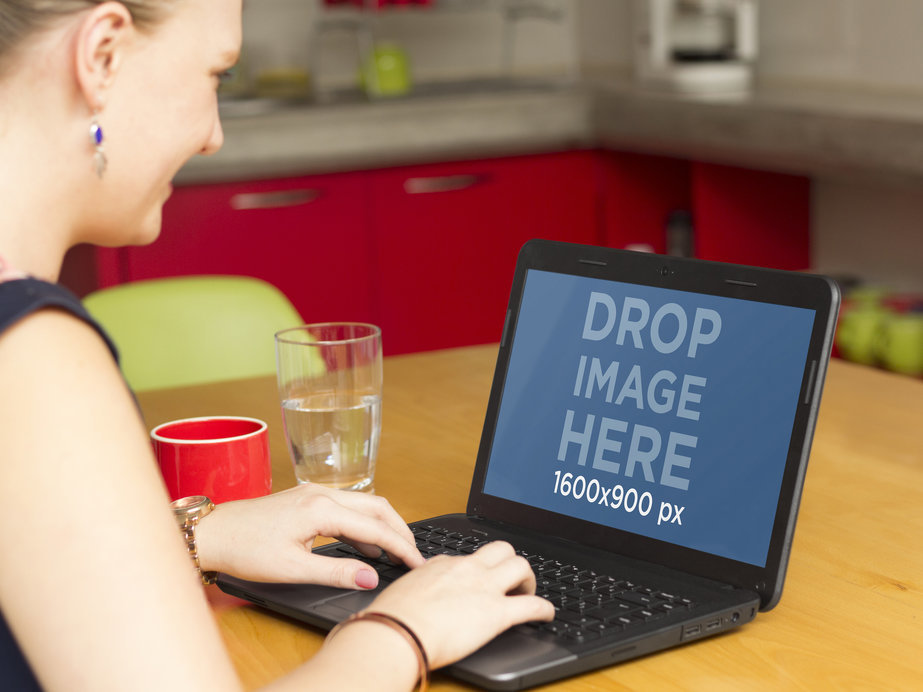 PC Mockup Template of Woman Using Laptop at Coffee Break