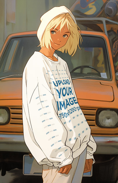 Sweatshirt Mockup of an Anime-Inspired Woman Posing in the Street