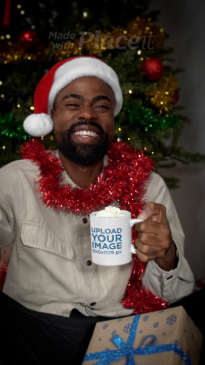 Coffee Mug Video Featuring a Smiling Bearded Man Celebrating Christmas