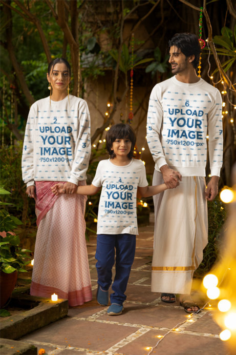 Sweatshirt and T-Shirt Mockup Featuring a Family of Three Celebrating Diwali Together