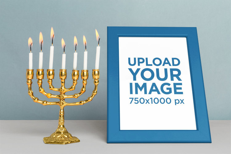 Art Print Mockup Featuring a Bronze Hanukkah Menorah