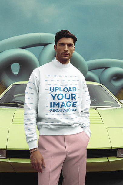 Retrofuturism-Inspired Aesthetic Mockup of a Man Wearing a Sweatshirt in Front of a Sports Car m36082