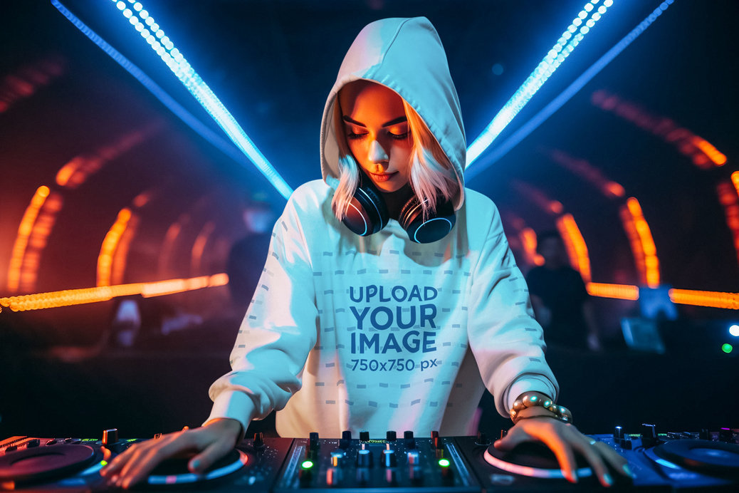 Pullover Hoodie Mockup of an AI-Created Female DJ Playing in a Neon Booth