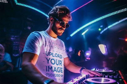 AI-Created Mockup Featuring a DJ Wearing a T-Shirt at the Club
