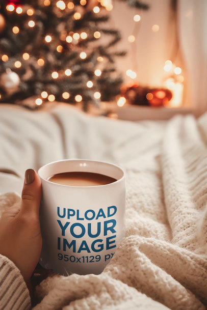 Coffee Mug Mockup of a Woman Lying on Her Bed in Front of a Christmas Tree m36529