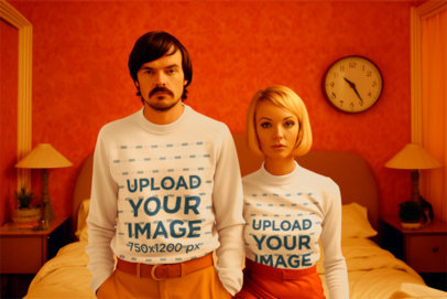 Sweatshirt Mockup of an AI-Generated Man and Woman in a Wes Anderson Film-Inspired Setting