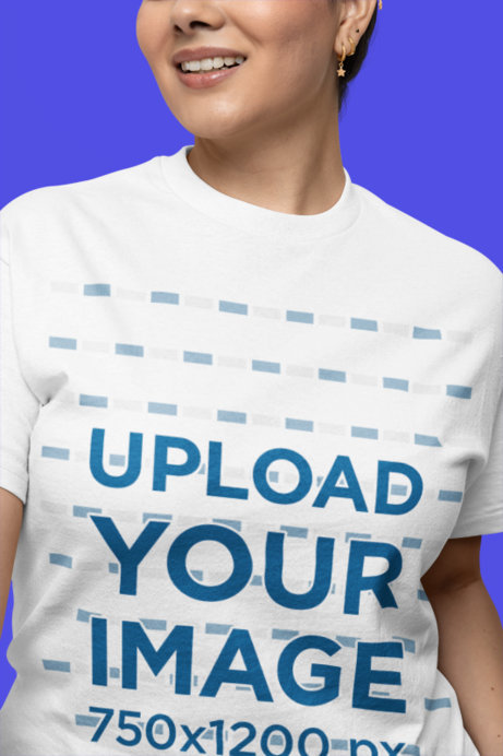Closeup Mockup of a Woman Wearing a Rounded-Neck Gildan T-Shirt in a Studio
