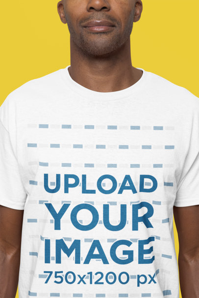 Closeup Mockup of a Man Wearing a Gildan Rounded-Neck Tee in a Studio