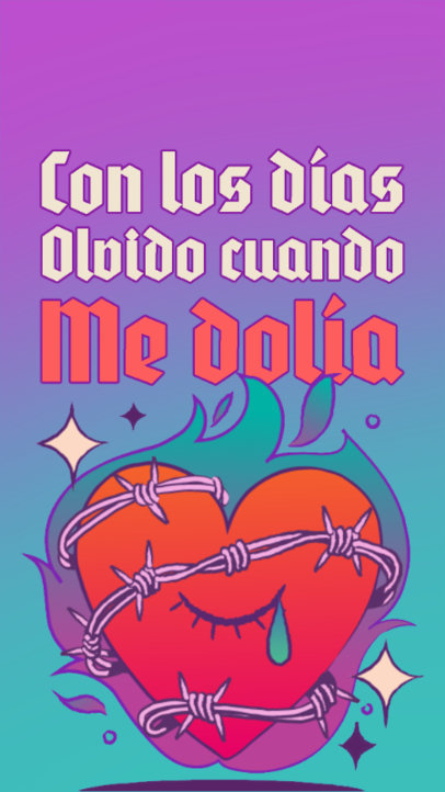 Instagram Story Template Featuring a Crying Heart Illustration with a Sad Spanish Song Lyric 6015b