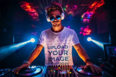 T-Shirt Mockup of a DJ Wearing Sunglasses While Playing in a Neon Booth m36397