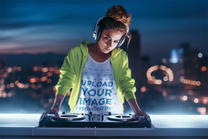 T-Shirt Mockup of an AI-Created Female DJ Playing Her Set at Night