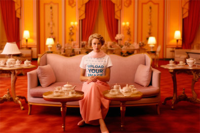 Wes Anderson-Inspired Tee Mockup of a Woman Sitting in an Elegant Room with a Vintage Style