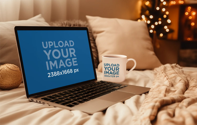 AI-Generated Mockup of a MacBook and a Coffee Mug Placed on a Bed in a Winter Cozy Setting