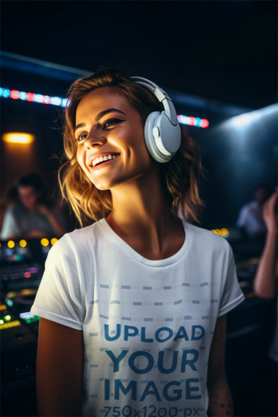 AI-Created Mockup of a Smiling Woman Wearing Headphones and a T-Shirt at a Night Club