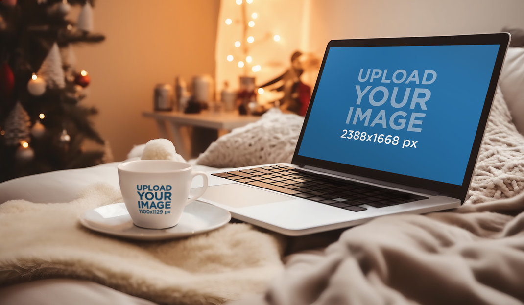 AI-Generated Mockup of a MacBook and a Coffee Mug Placed on a Winter Setting