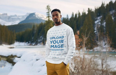 AI-Generated Sweatshirt Mockup Featuring a Man in an Outdoor Winter Landscape 