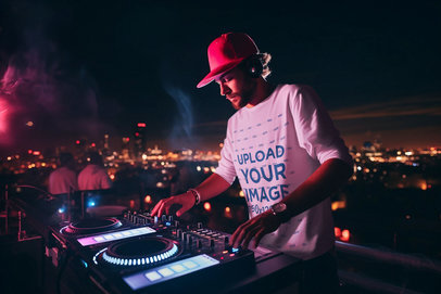 AI-Generated Mockup of a DJ Wearing a Long Sleeve Tee While Playing on a Roof Top